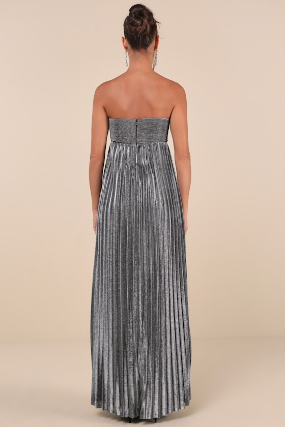 Lulus Glittering Luxury Silver Lurex Pleated Strapless Maxi Dress In Silver