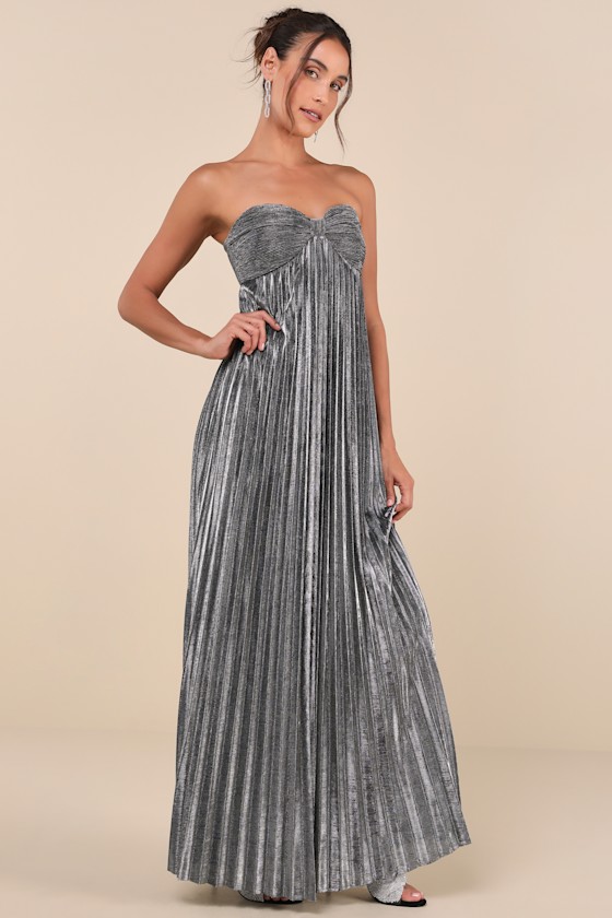 Lulus Glittering Luxury Silver Lurex Pleated Strapless Maxi Dress In Silver