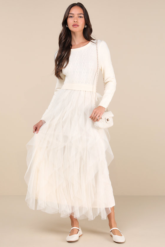 Ultimate Beauty Ivory Cable Knit Ruffled Tulle Maxi Dress 3