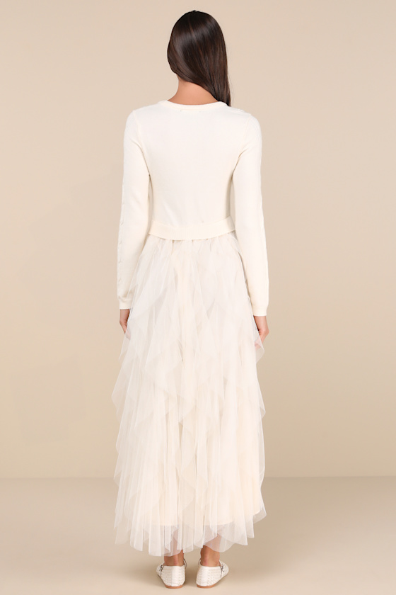 Ultimate Beauty Ivory Cable Knit Ruffled Tulle Maxi Dress 2
