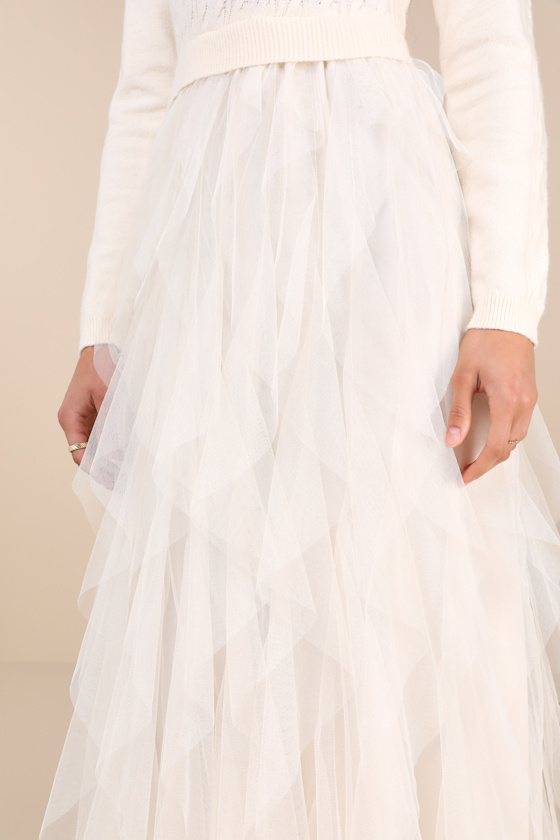 Lulus Ultimate Beauty Ivory Cable Knit Ruffled Tulle Maxi Dress In Ivory
