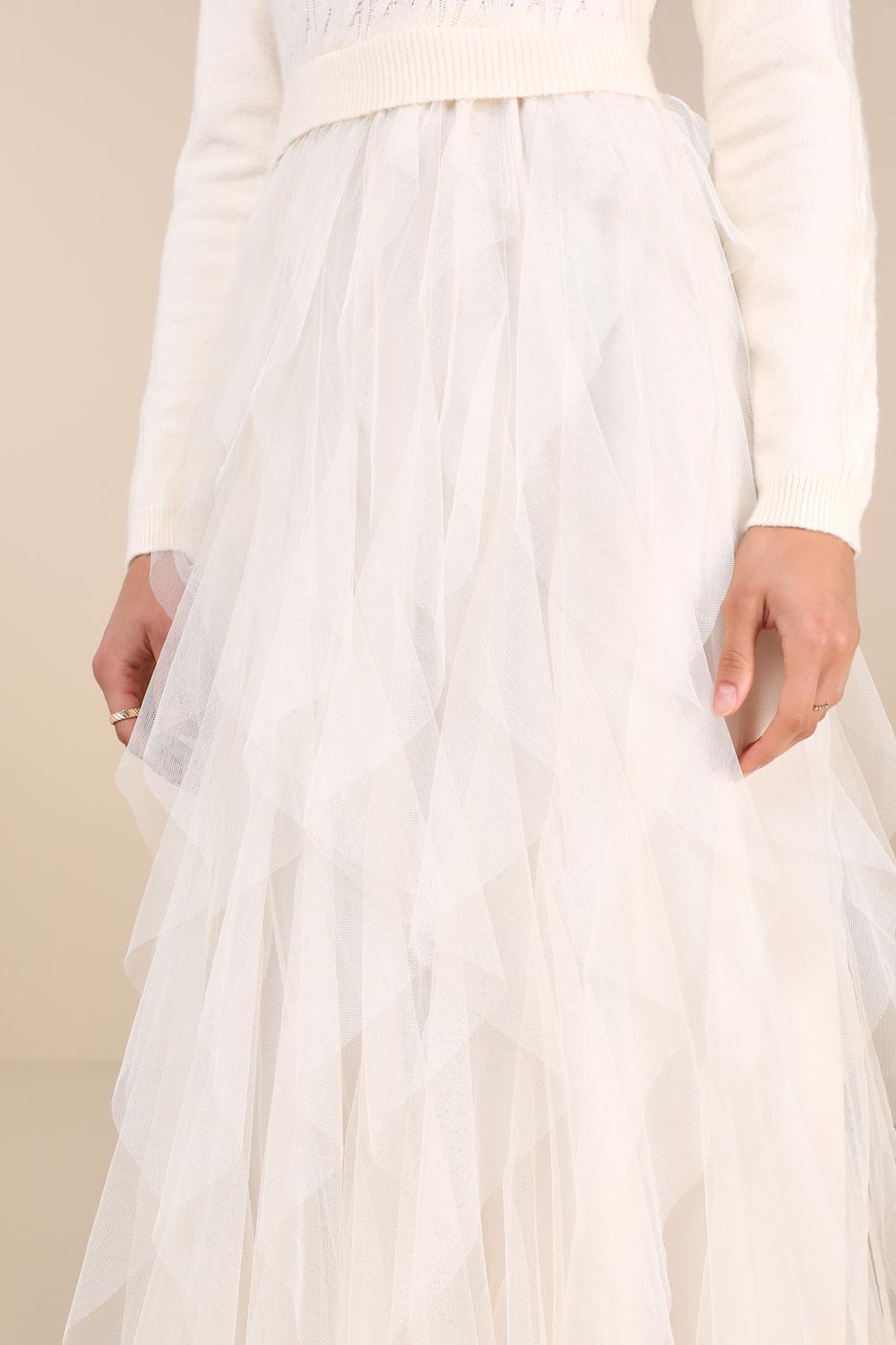 Ultimate Beauty Ivory Cable Knit Ruffled Tulle Maxi Dress