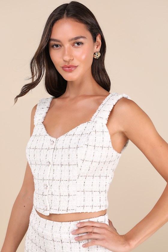 Lulus Upscale Instinct Ivory And Brown Tweed Button-front Tank Top In Ivory