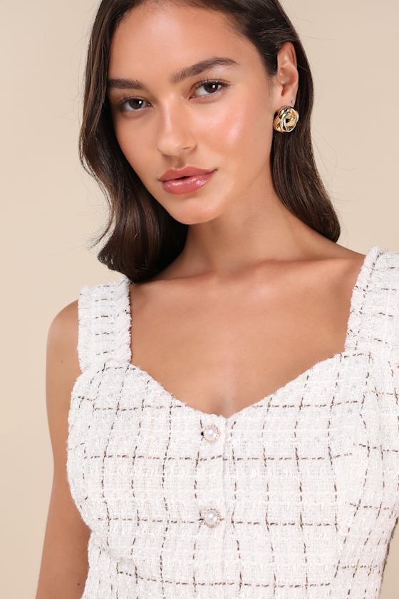 Lulus Upscale Instinct Ivory And Brown Tweed Button-front Tank Top In Ivory