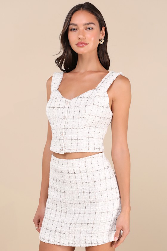 Lulus Upscale Instinct Ivory And Brown Tweed Mini Skirt In Ivory