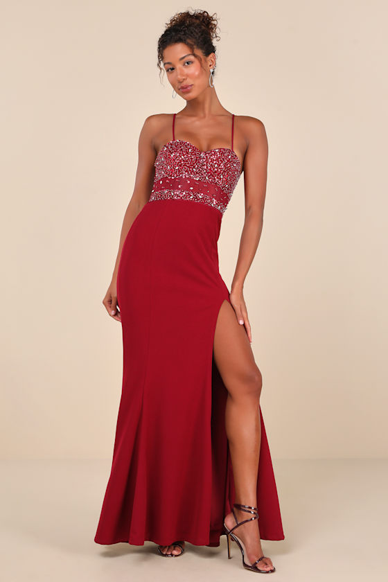 Lulus Luxe Allure Wine Red Beaded Rhinestone Bustier Maxi Dress In Wine Red