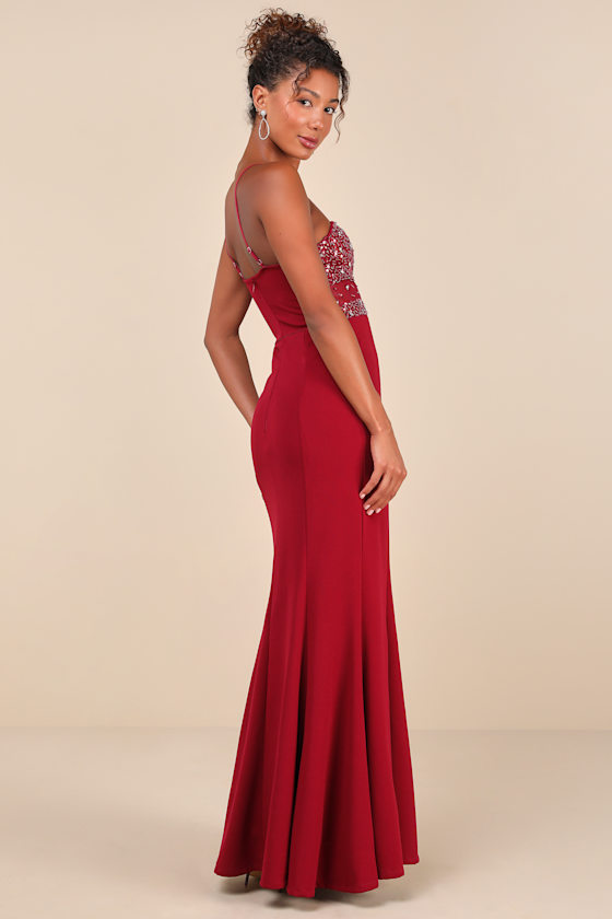 Lulus Luxe Allure Wine Red Beaded Rhinestone Bustier Maxi Dress In Wine Red