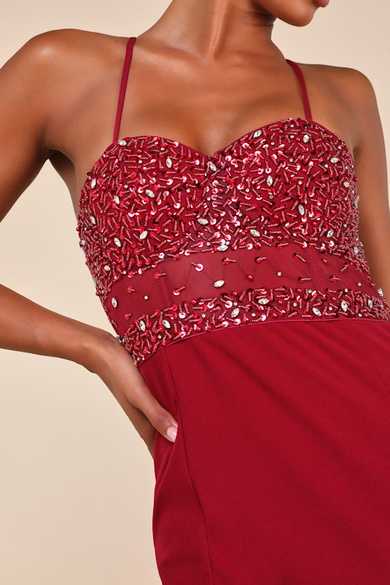 Lulus Luxe Allure Wine Red Beaded Rhinestone Bustier Maxi Dress In Wine Red