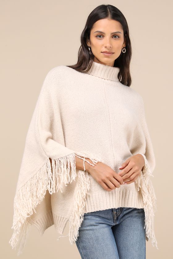 Eclectic Attitude Cream Knit Turtleneck Fringe Poncho Sweater 5