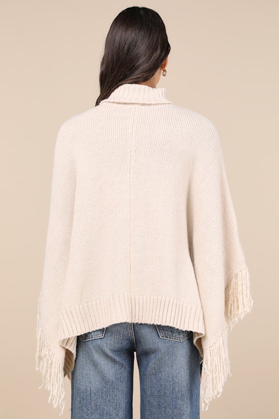 Eclectic Attitude Cream Knit Turtleneck Fringe Poncho Sweater 2