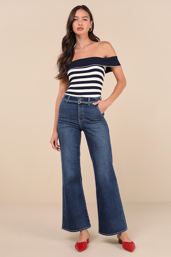 Trendy Expert Dark Wash Denim Belted Wide-Leg Jeans 1