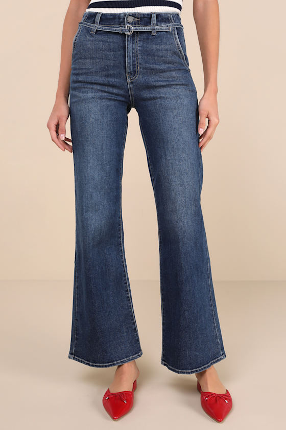 Trendy Expert Dark Wash Denim Belted Wide-Leg Jeans 3