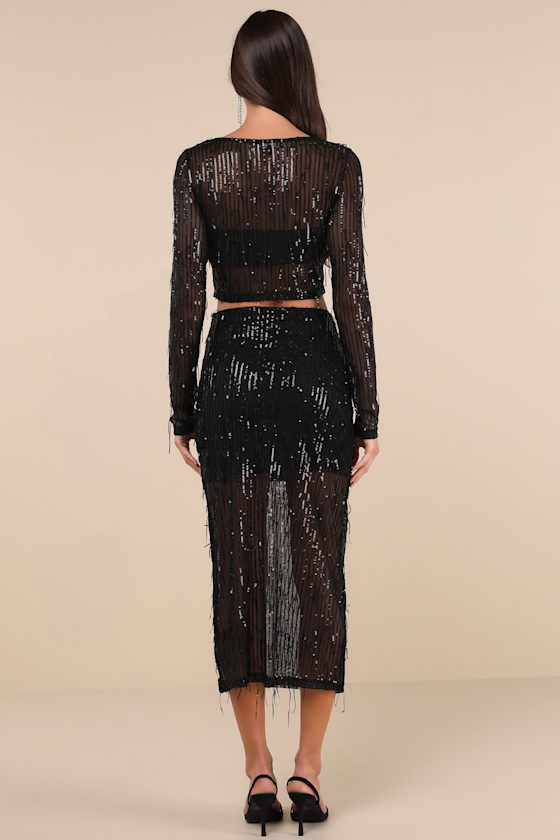 LULUS GREATEST SPARKLE BLACK MESH SEQUIN FRINGE TWO-PIECE MIDI DRESS