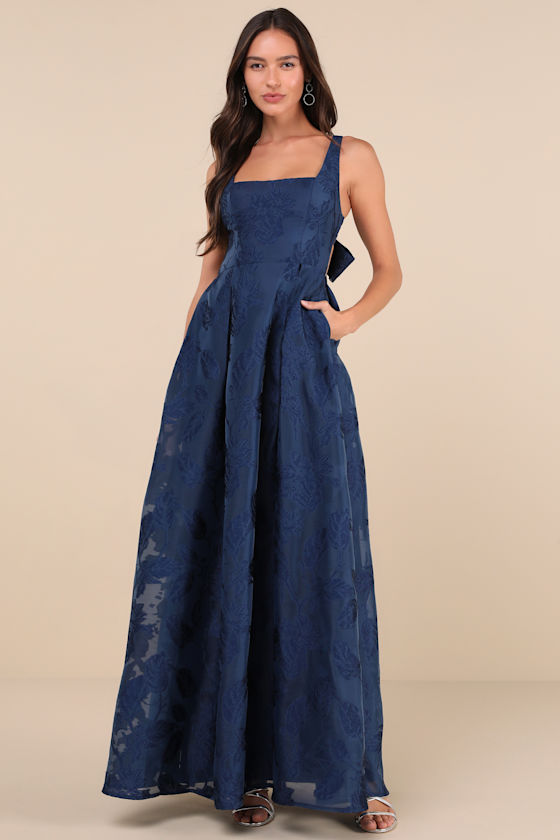 Perfected Aura Navy Jacquard Tie-Back Maxi Dress with Pockets 3
