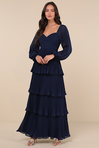 Impactful Elegance Navy Blue Tiered Balloon Sleeve Maxi Dress 5