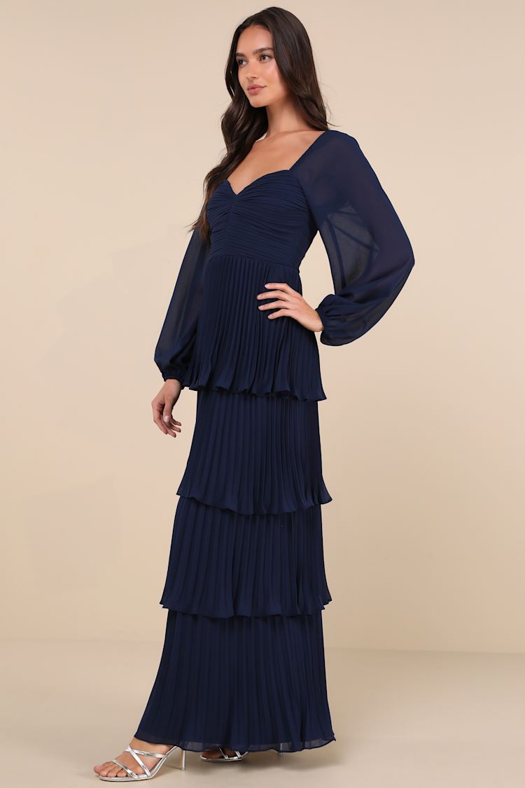 Impactful Elegance Navy Blue Tiered Balloon Sleeve Maxi Dress