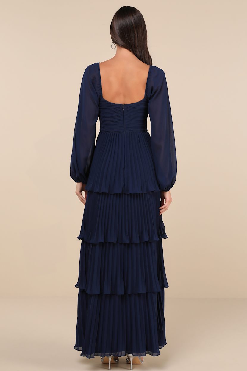Impactful Elegance Navy Blue Tiered Balloon Sleeve Maxi Dress