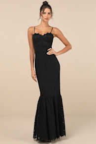 Instinctively Stunning Black Lace Bustier Trumpet Maxi Dress
