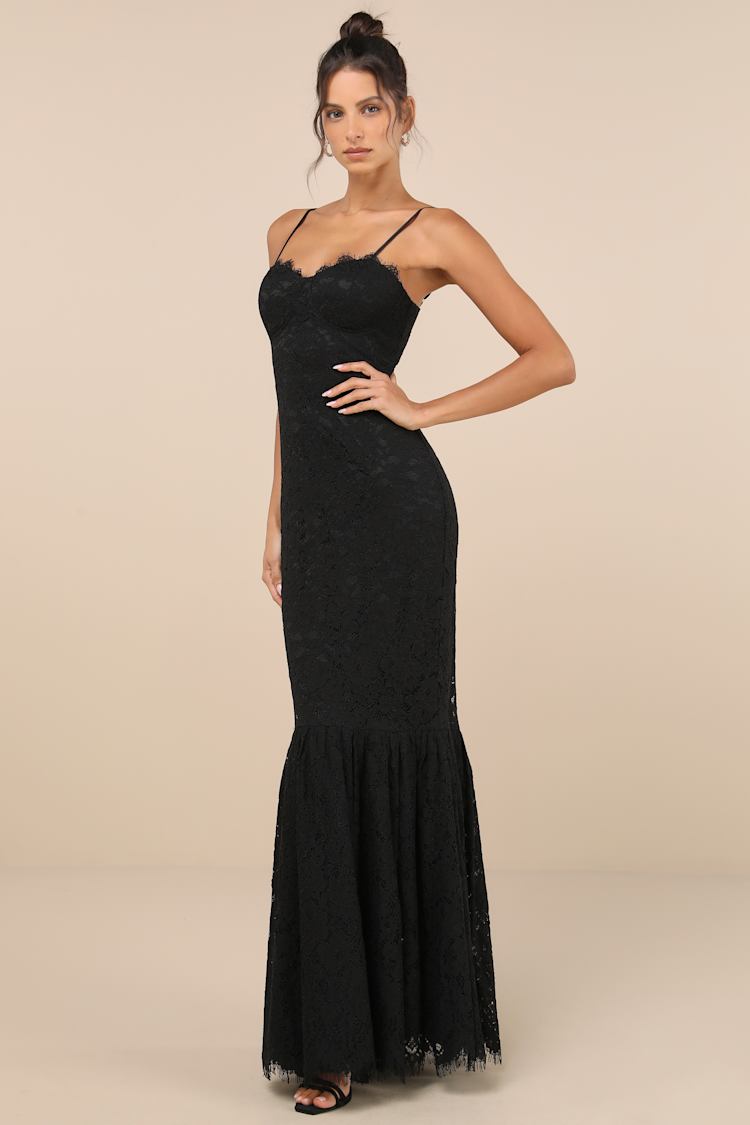 Instinctively Stunning Black Lace Bustier Trumpet Midi Dress