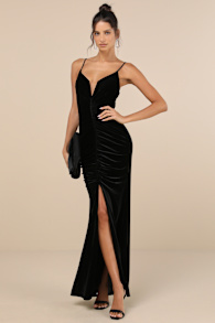 Stunning Invitation Black Velvet Ruched Sleeveless Maxi Dress 4