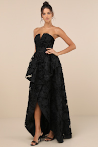 Majestic Glam Black Strapless Textured High-Low Maxi Dress 3