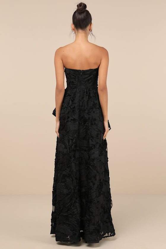 Lulus Majestic Glam Black Strapless Textured High-low Maxi Dress In Black