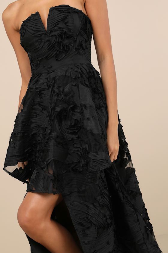 Lulus Majestic Glam Black Strapless Textured High-low Maxi Dress In Black