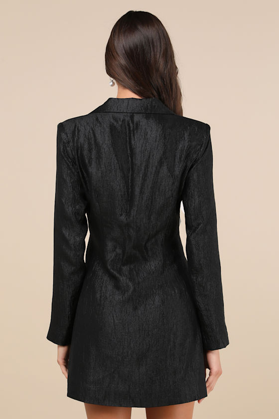 Two-Piece Set Cropped Blazer and Button-Up Mini Dress with Tailored Waist - Black main image 1