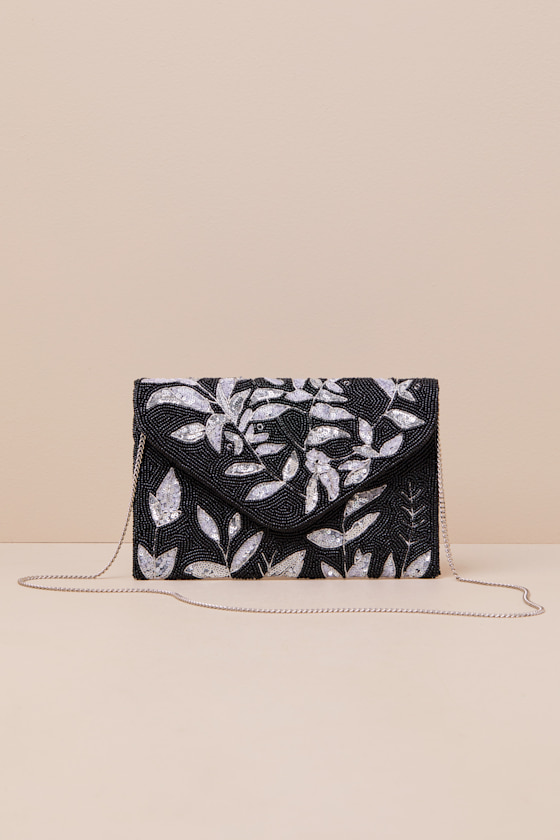 Shiny Exquisiteness Black and Silver Beaded Leaf Clutch 1