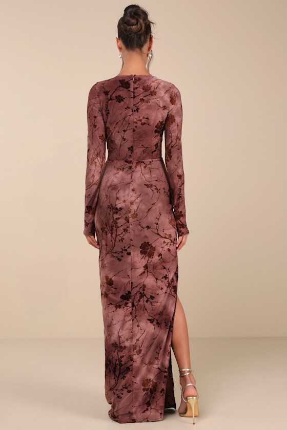 Lulus Dynamic Sensation Dark Mauve Floral Velvet Burnout Maxi Dress In Mauve