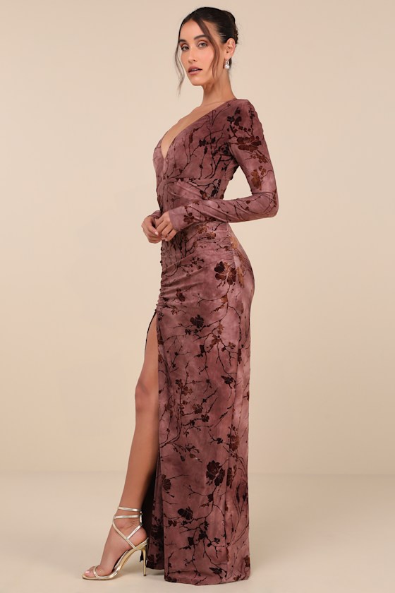 Lulus Dynamic Sensation Dark Mauve Floral Velvet Burnout Maxi Dress In Mauve