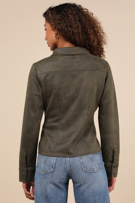 Stylish Staple Olive Green Distressed Suede Button-Up Top 3