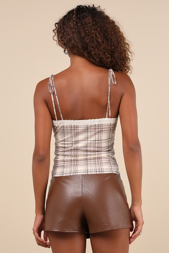 LULUS SWEETEST ATTITUDE CREAM AND BROWN PLAID MESH TIE-STRAP CAMI TOP