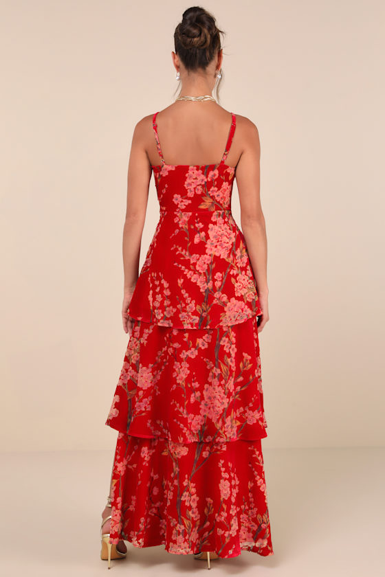 I Love You Amore Red Floral Velvet Tiered Maxi Dress 4