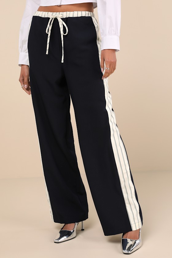 Lulus Confident Option Navy Blue Contrast Trim Side Stripe Pants In Navy Blue