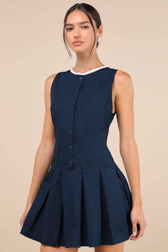 Gitas Navy Blue Cotton Lace Button-Up Drop Waist Mini Dress 4