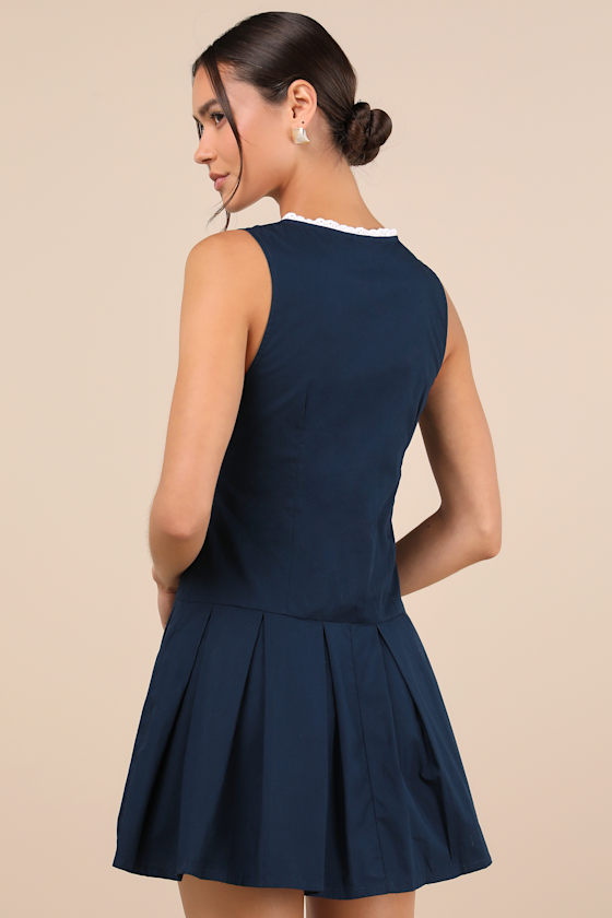 Gitas Navy Blue Cotton Lace Button-Up Drop Waist Mini Dress 1
