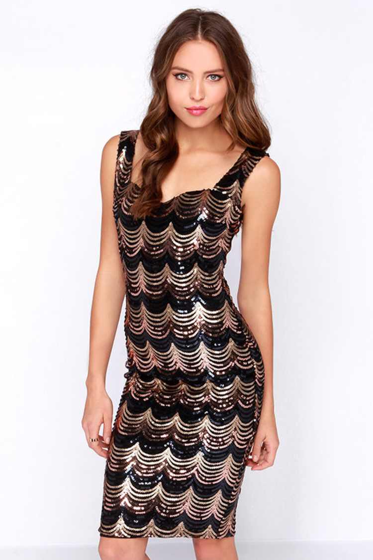 knee length dresses for ladies Mavis Midi Dress in Black Shibori Gold main image 1