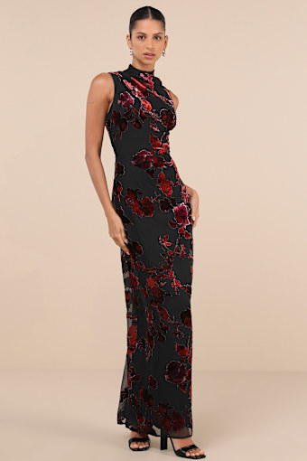 Composed Glamour Black Burnout Velvet Mock Neck Maxi Dress 4