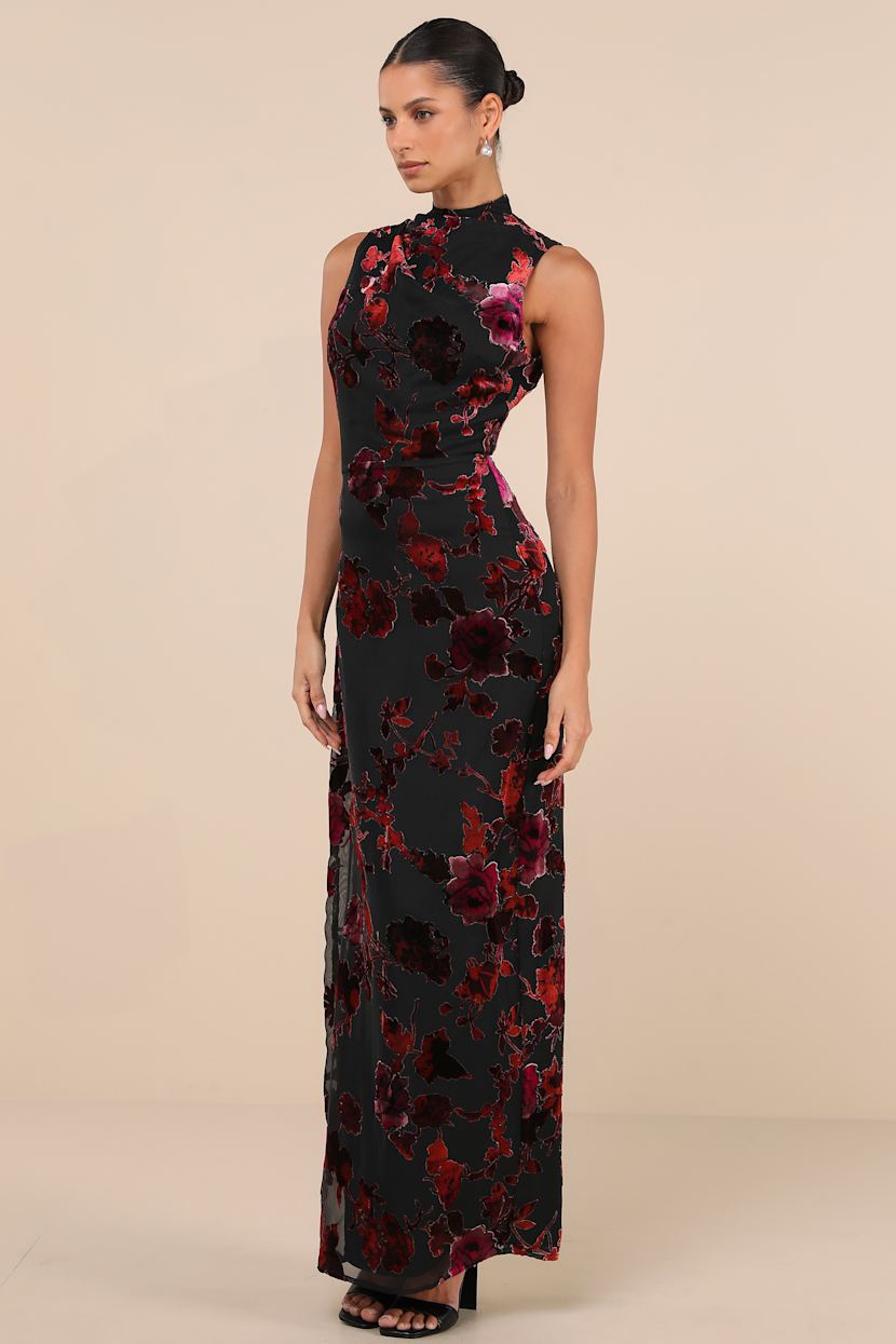 Composed Glamour Black Burnout Velvet Mock Neck Maxi Dress