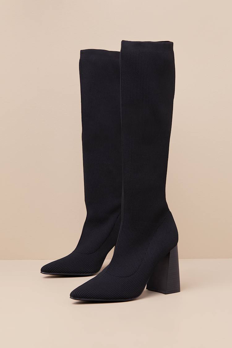Zolla Black Ribbed Knit Pointed-Toe Knee-High Sock Boots