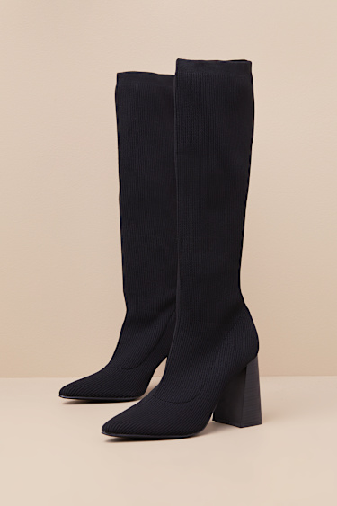 Knee High Pointed Sock Boots Black Wide Fit High Block Heel