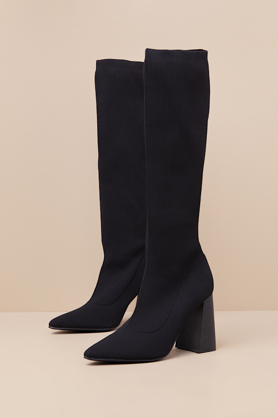 Zolla Black Ribbed Knit Pointed-Toe Knee-High Sock Boots 3