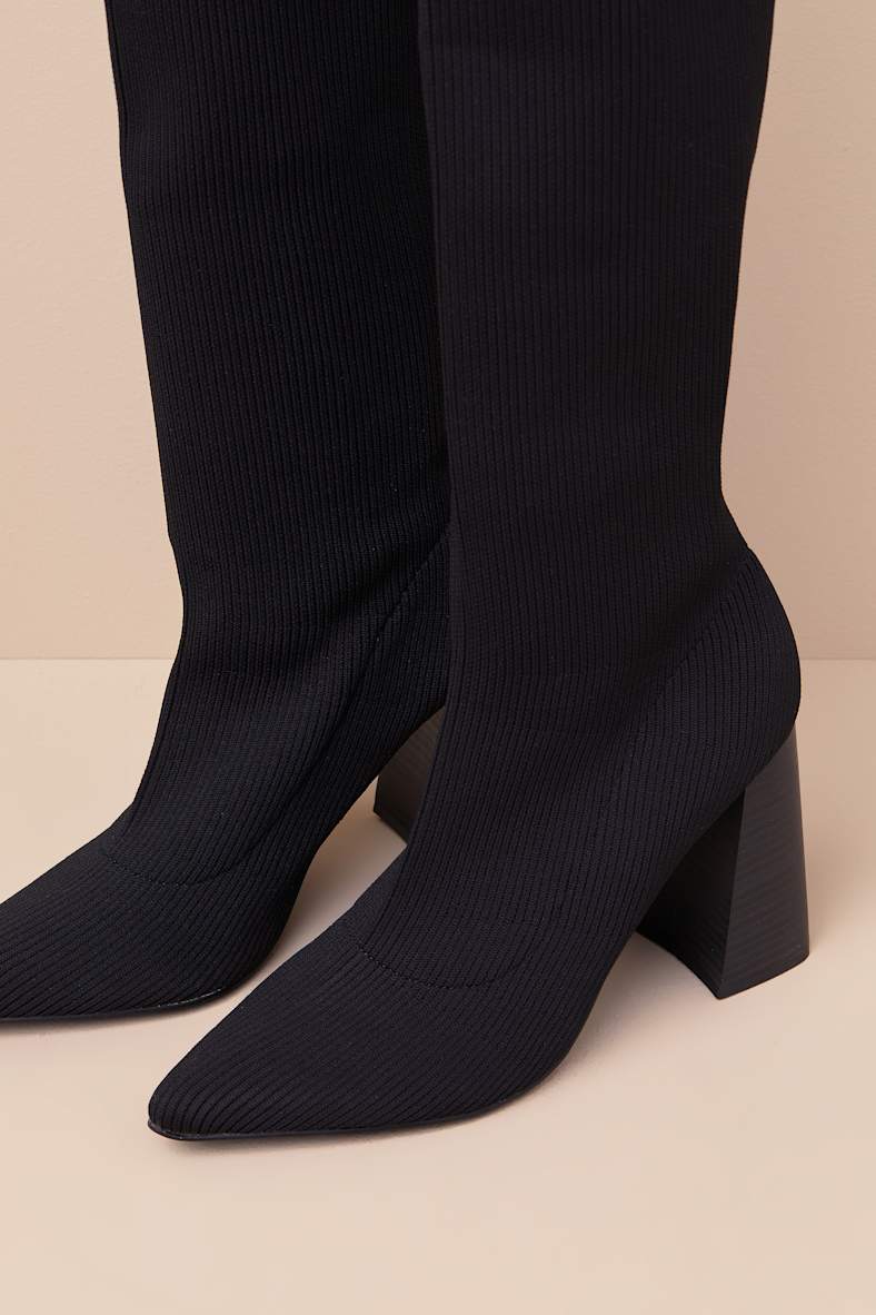 Zolla Black Ribbed Knit Pointed-Toe Knee-High Sock Boots