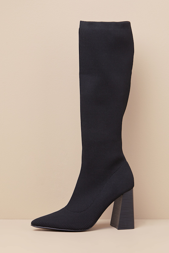 Lulus Zolla Black Ribbed Knit Pointed-toe Knee-high Sock Boots In Black