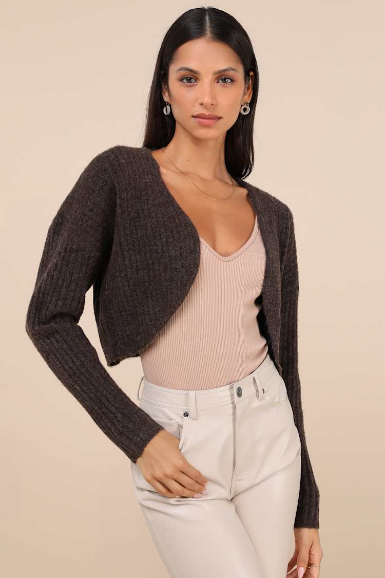 Dark Brown Heathered Cardi - Ribbed Knit Shrug - Shrug Cardigan - Lulus