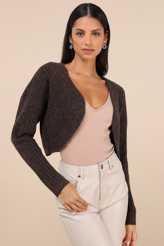 Comfy Cuteness Dark Brown Heathered Ribbed Knit Shrug Cardigan 2