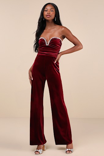 Fabulous Instinct Burgundy Velvet Pearl Strapless Jumpsuit 2