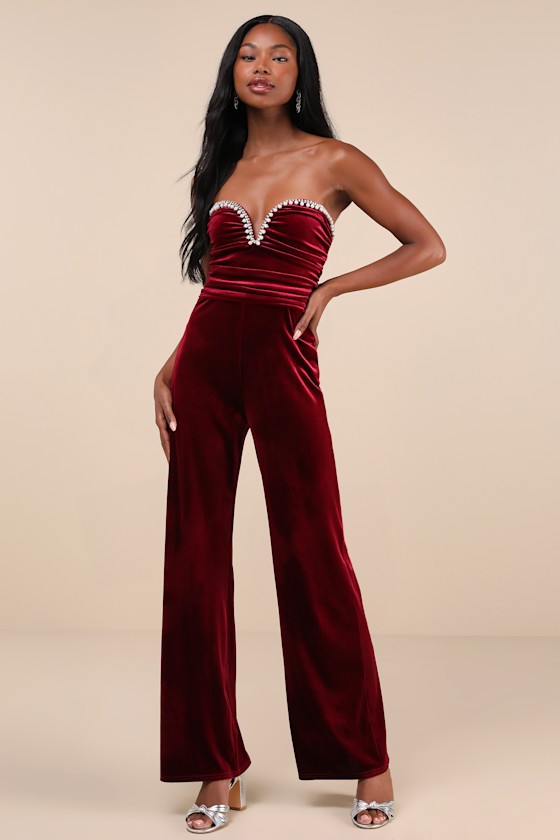 Fabulous Instinct Burgundy Velvet Pearl Strapless Jumpsuit 2