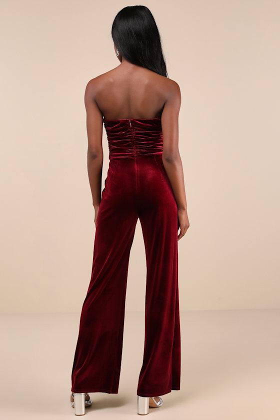 Lulus Fabulous Instinct Burgundy Velvet Pearl Strapless Jumpsuit In Burgundy